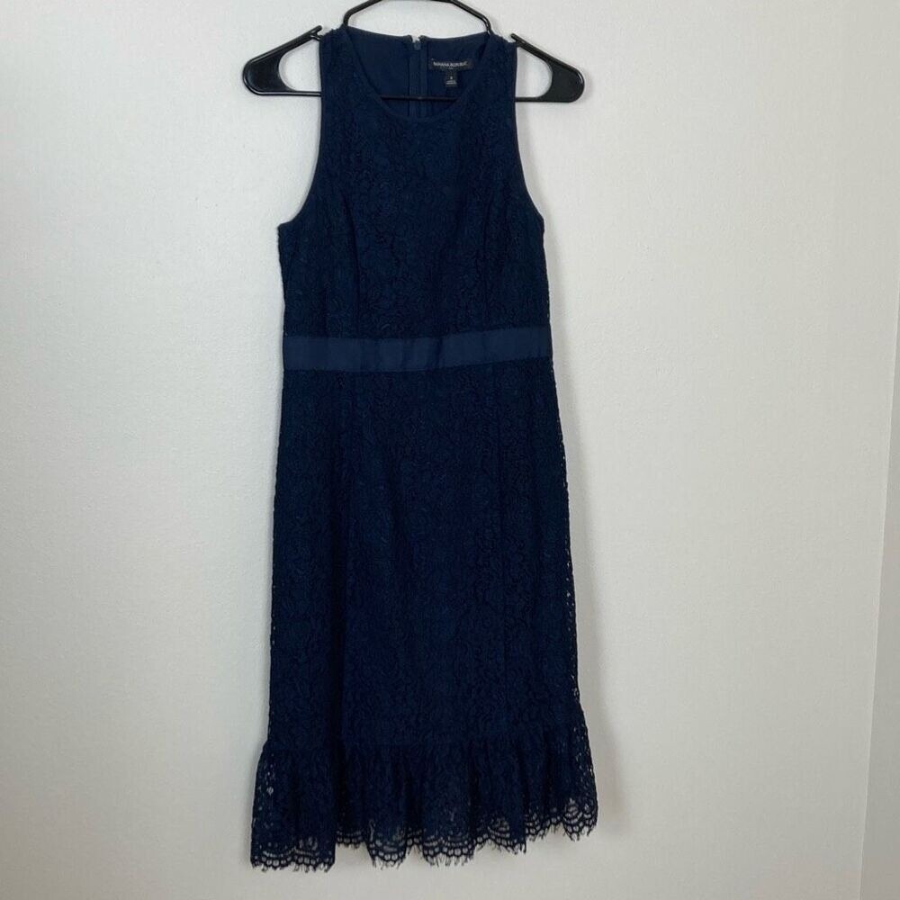 Banana Republic Navy Blue Floral Lace Ruffleβ Hem Sheath Dress 516878-01 Size 2